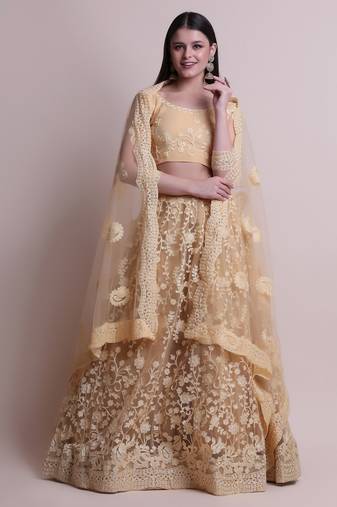 Women's Cream Net Thread Embroidered Designer Lehenga Choli Set