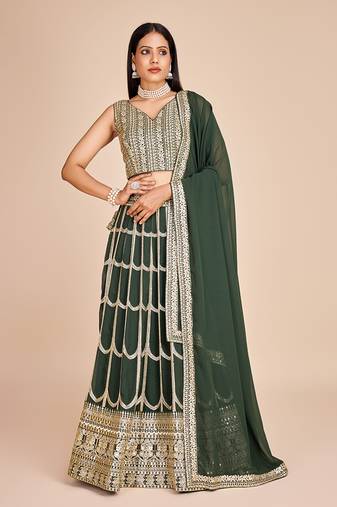 Olive Faux Georgette Embroidered Lehenga Choli