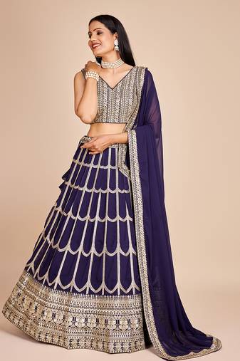 Navy Blue Faux Georgette Embroidered  Lehenga Choli