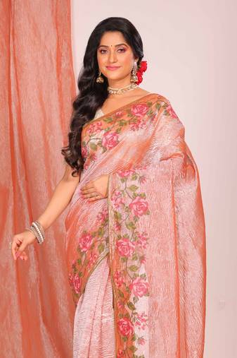 Crush tissue silk with cross stich embroidery border saree(pink)