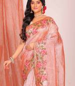 Crush tissue silk with cross stich embroidery border saree(pink)