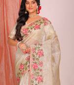 Crush tissue silk with cross stich embroidery border saree( green)