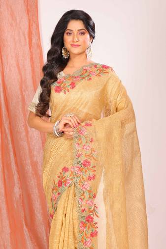 Crush tissue silk with cross stich embroidery border saree(dark gold)