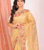 Crush tissue silk with cross stich embroidery border saree(dark gold)