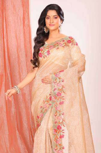 Crush tissue silk with cross stich embroidery border saree(gold)