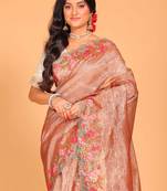 Crush tissue silk with cross stich embroidery border saree(golden)
