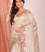 Crush tissue silk with cross stich embroidery border saree(olive green)