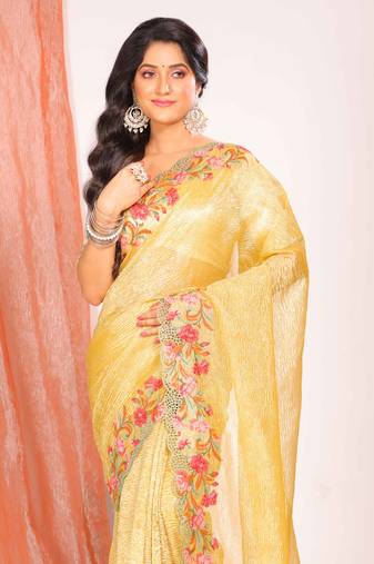 Crush tissue silk with cross stich embroidery border saree(yellow)