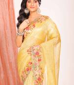 Crush tissue silk with cross stich embroidery border saree(yellow)