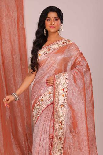 Crush tissue silk with parsi embroidery border saree (brown bread)