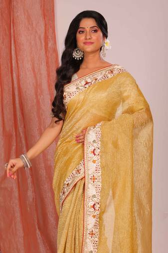 Crush tissue silk with parsi embroidery border saree (yellow)