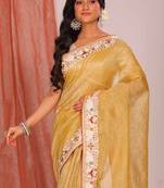 Crush tissue silk with parsi embroidery border saree (yellow)