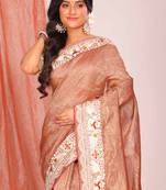 Crush tissue silk with parsi embroidery border saree (brown)