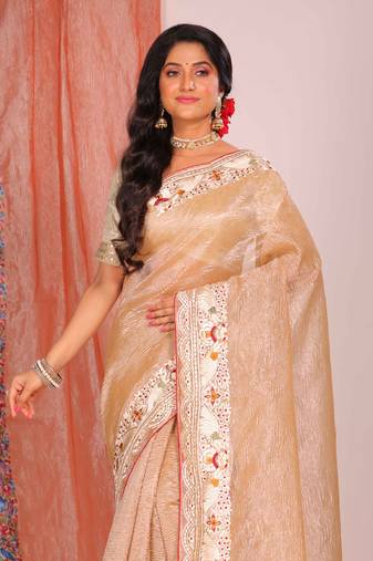 Crush tissue silk with parsi embroidery border saree (cream)