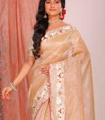 Crush tissue silk with parsi embroidery border saree (cream)
