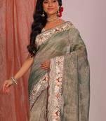 Crush tissue silk with parsi embroidery border saree (green)