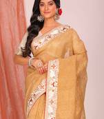 Crush tissue silk with parsi embroidery border saree (cream)