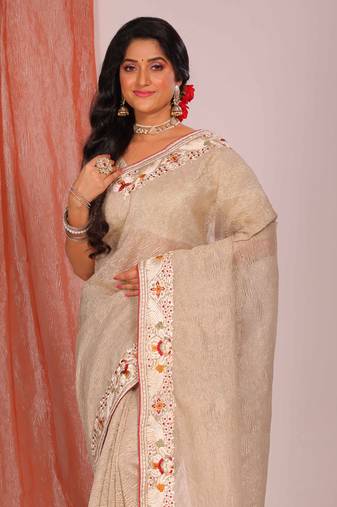 Crush tissue silk with parsi embroidery border saree (silver)