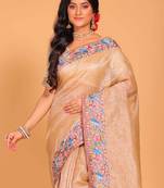 Crush tissue silk with parsi embroidery border saree (brown)