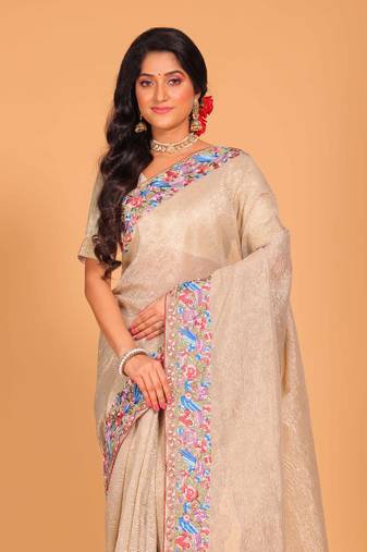 Crush tissue silk with parsi embroidery border saree (silver)