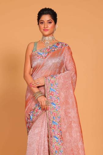 Crush tissue silk with parsi embroidery border saree (beige)