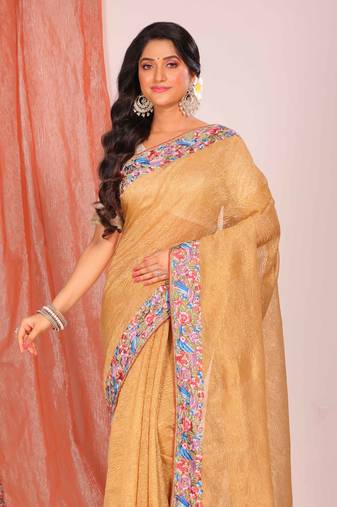 Crush tissue silk with parsi embroidery border saree (metallic)