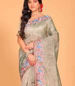 Crush tissue silk with parsi embroidery border saree (olive green)