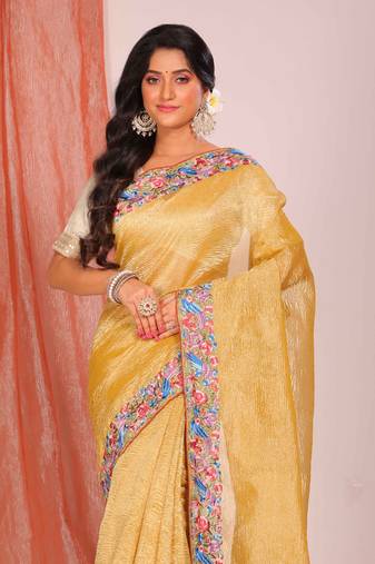 Crush tissue silk with parsi embroidery border saree (yellow)
