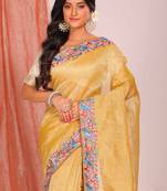 Crush tissue silk with parsi embroidery border saree (yellow)