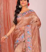 Crush tissue silk with parsi embroidery border saree (brown)