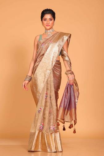 Crush tissue silk with rich border embroidery saree (golden brown)