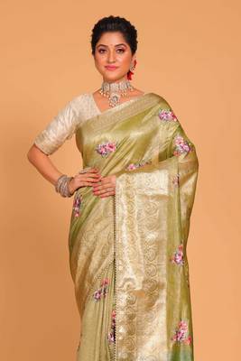 Crush tissue silk with rich border embroidery saree (yellow) 1