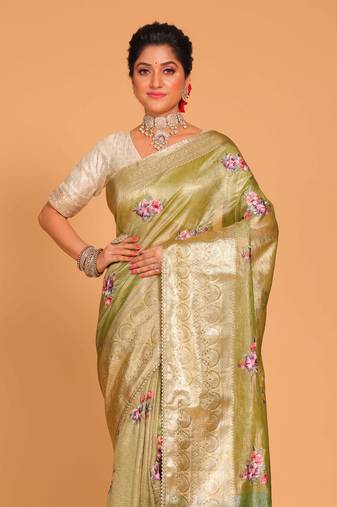 Crush tissue silk with rich border embroidery saree (yellow)
