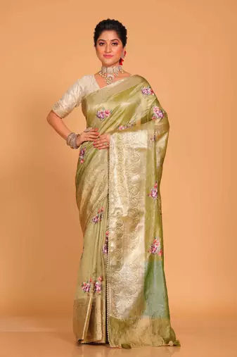 Crush tissue silk with rich border embroidery saree (yellow)