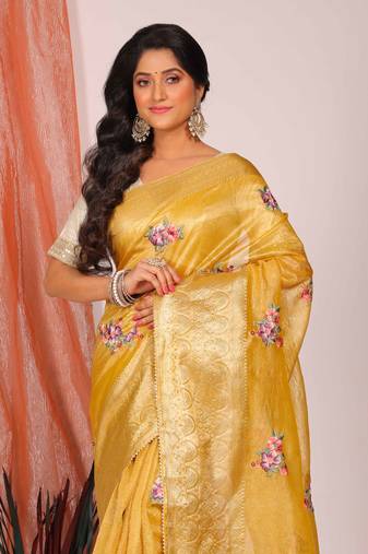 Crush tissue silk with rich border embroidery saree( yellow)