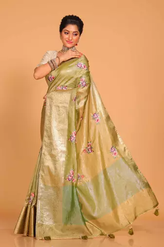 Crush tissue silk with rich border embroidery saree (yellow)