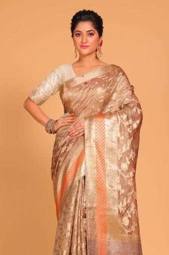 Crush tissue silk saree(golden brown)