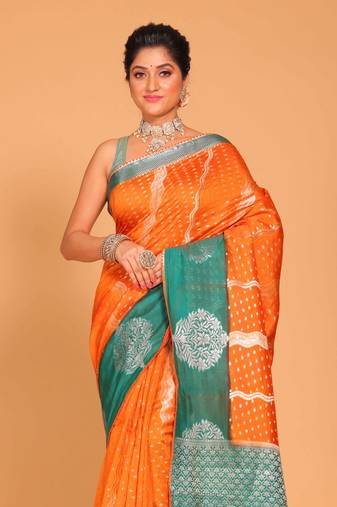 South silk woven saree (orange and sky blue)