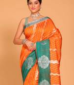 South silk woven saree (orange and sky blue)