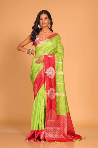 South silk woven saree (green and rani)