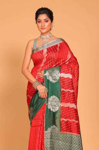 South silk woven saree (marron and green)