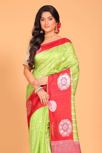 South silk woven saree (green and rani)