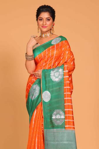 South silk woven saree (orange and sky blue)