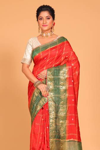 South silk woven saree (red and green)