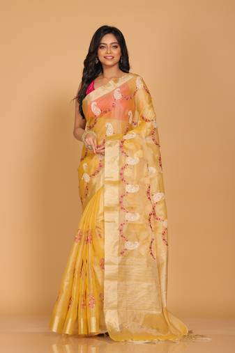 Kota zari embroidery saree(yellow)