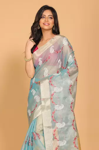 Kota zari embroidery saree(blue)