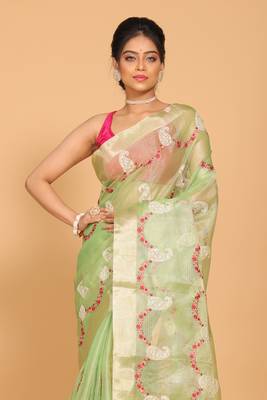 Kota zari embroidery saree(green) 2