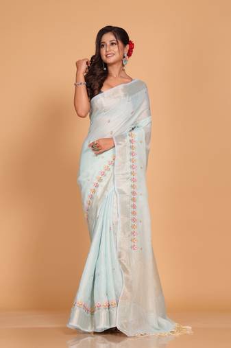 Kota zari stripe embroidery saree (blue)