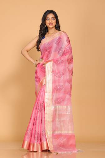 Kota tissue zari embroidery saree (pink)