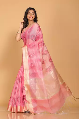 Kota tissue zari embroidery saree (pink)